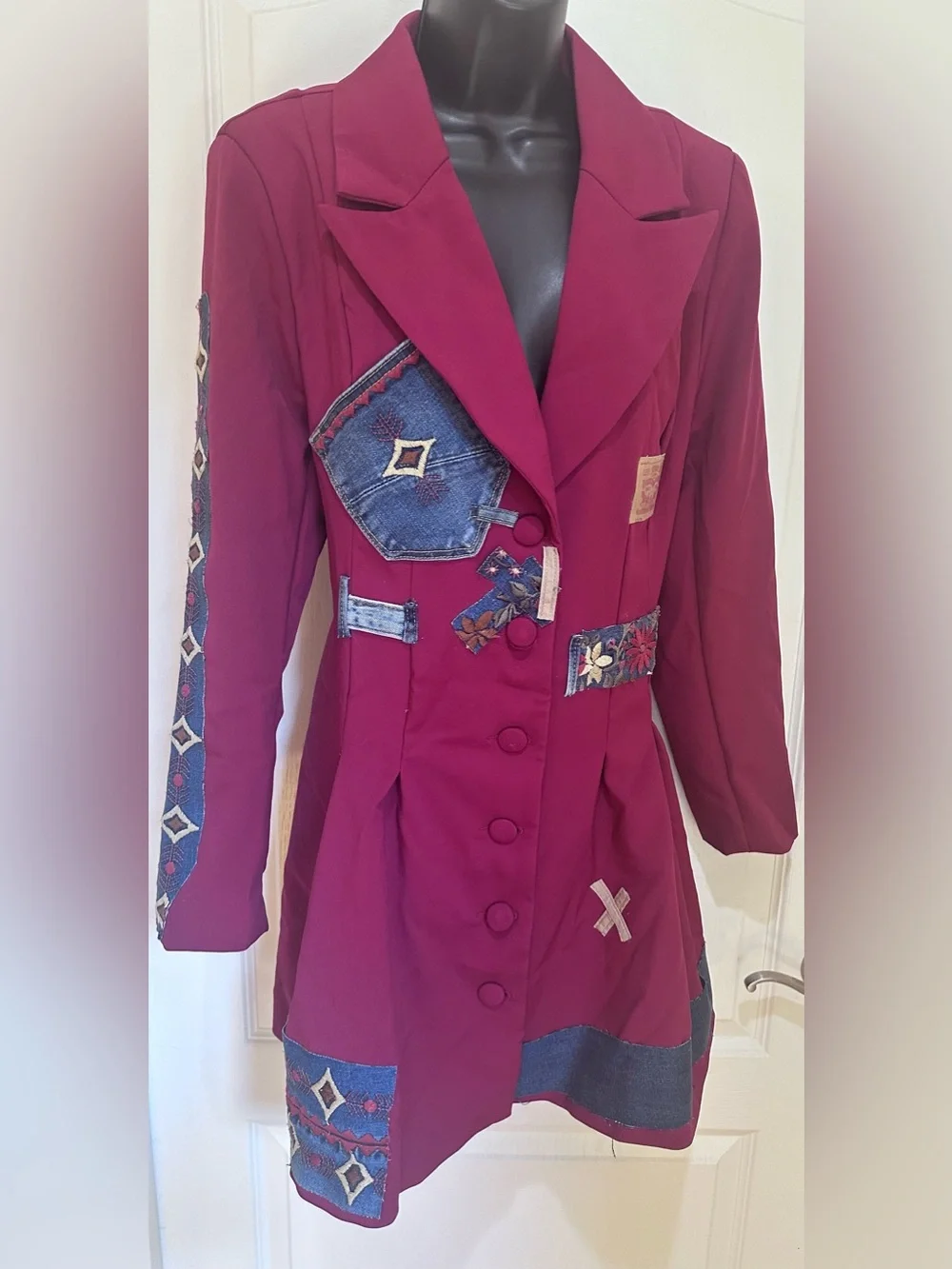 Upcycled Burgundy Patchwork long Blazer size L